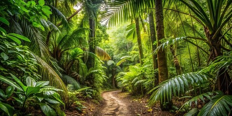 Naklejka premium Dirt path winding through lush jungle rainforest in Guadeloupe