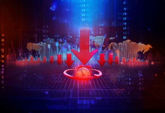 Red arrows point down towards a clock on a digital grid with a blurred world map in the background.