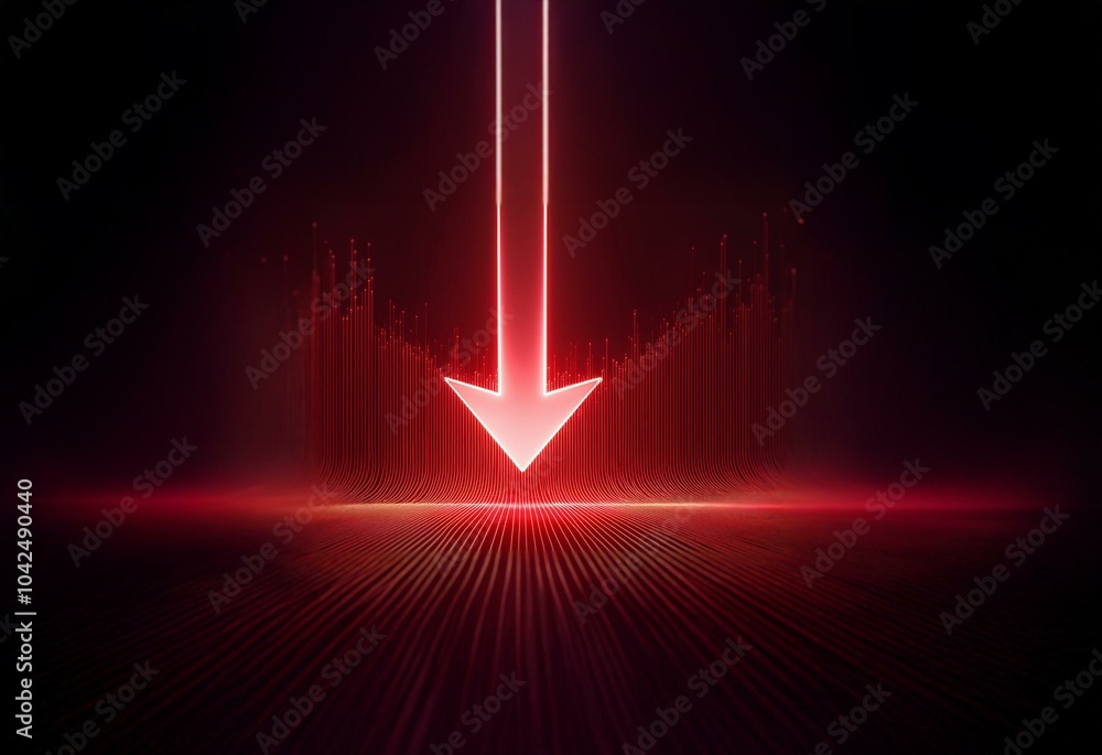Aufkleber A glowing red arrow points down on a dark red background with a field of thin lines, representing a downward trend.