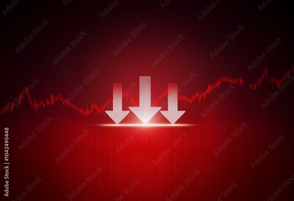 Fototapete three white arrows point down on a dark red background with a red line graph.