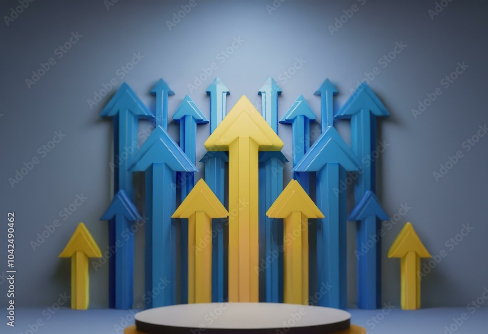 Poster 3d rendering of multiple blue and yellow arrows pointing upwards.