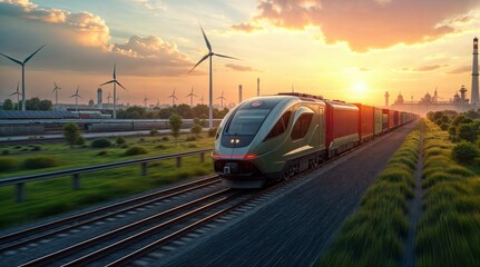 Fototapeta premium Moderner Zug bei Sonnenuntergang auf Schienen mit Windkraftanlagen im Hintergrund – Nachhaltiger und schneller Transport von Waren und Gütern 