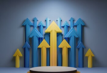 3D rendering of multiple blue and yellow arrows pointing upwards.