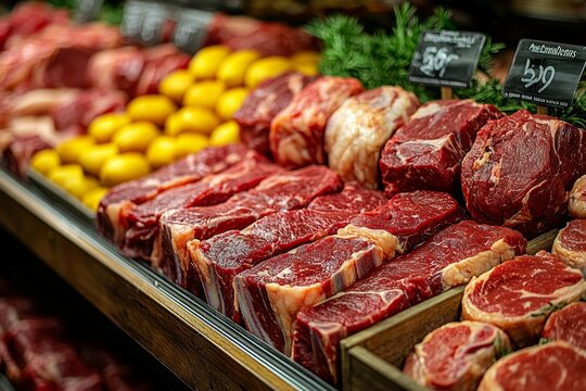 Amplia muestra de carnes maduradas, filetes, solomillos, bistec, carne de res y carnes rojas en sus diferentes cortes y variedades