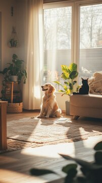 Amistad entre el gato y el perro, compartiendo sal&oacute;n y sof&aacute; amistosamente. Concepto de convivencia entre mascotas y salud veterinaria.


