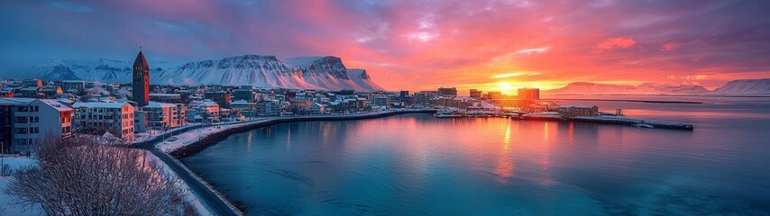 Obraz premium Islandia en foto panorámica, se muestra la ciudad de Reikiavik y sus cielos con auroras boreales.Destino turístico y viajes