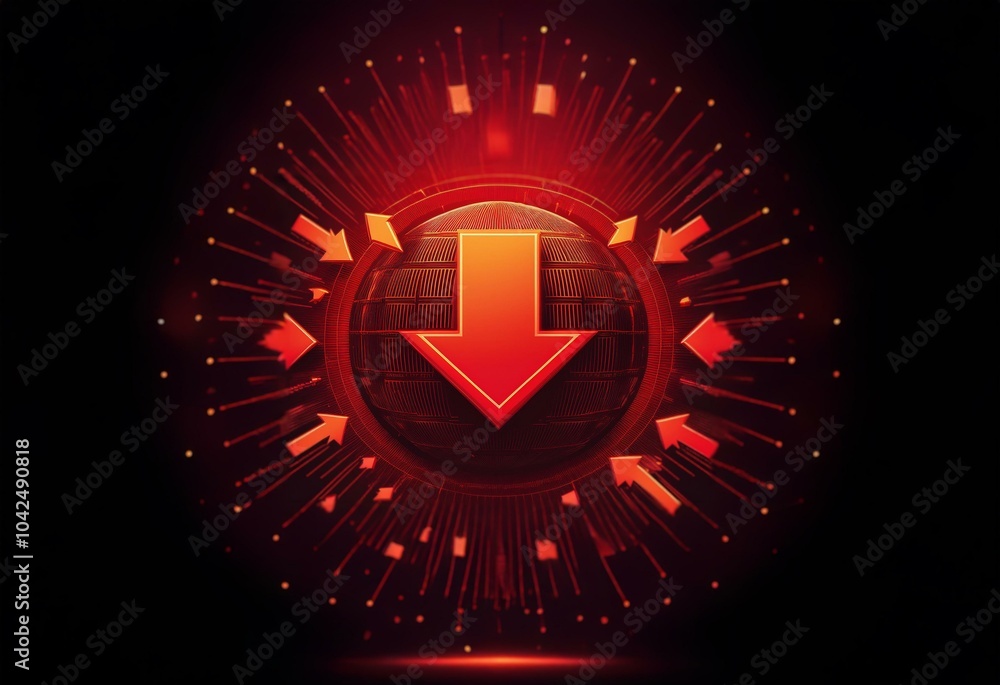 Poster a red glowing sphere with a large downward arrow on a black background, surrounded by red lines and 