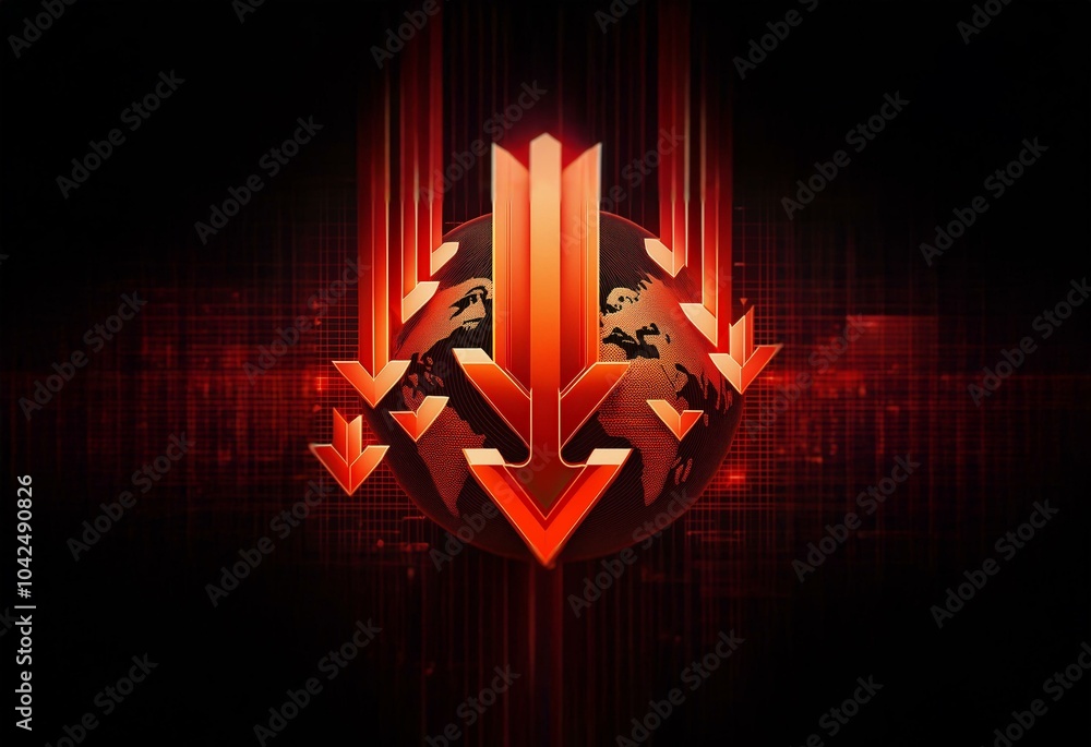 Poster a red and black digital background with a glowing globe and downward-facing arrows, representing a d