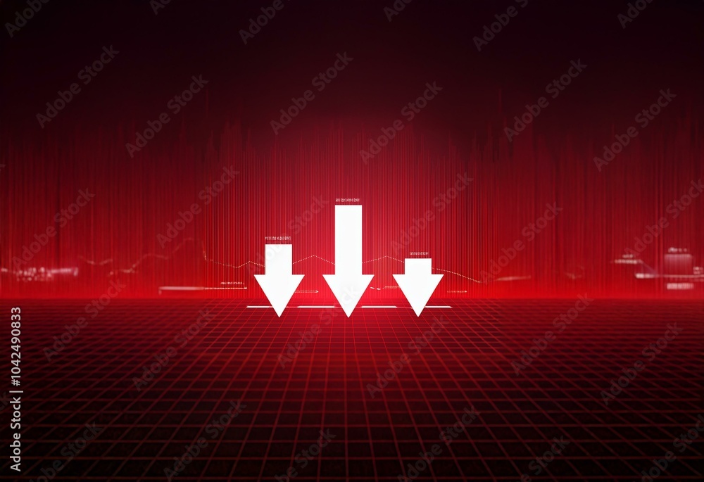 Fototapete three white downward arrows are positioned on a grid above a red background with blurry vertical lin