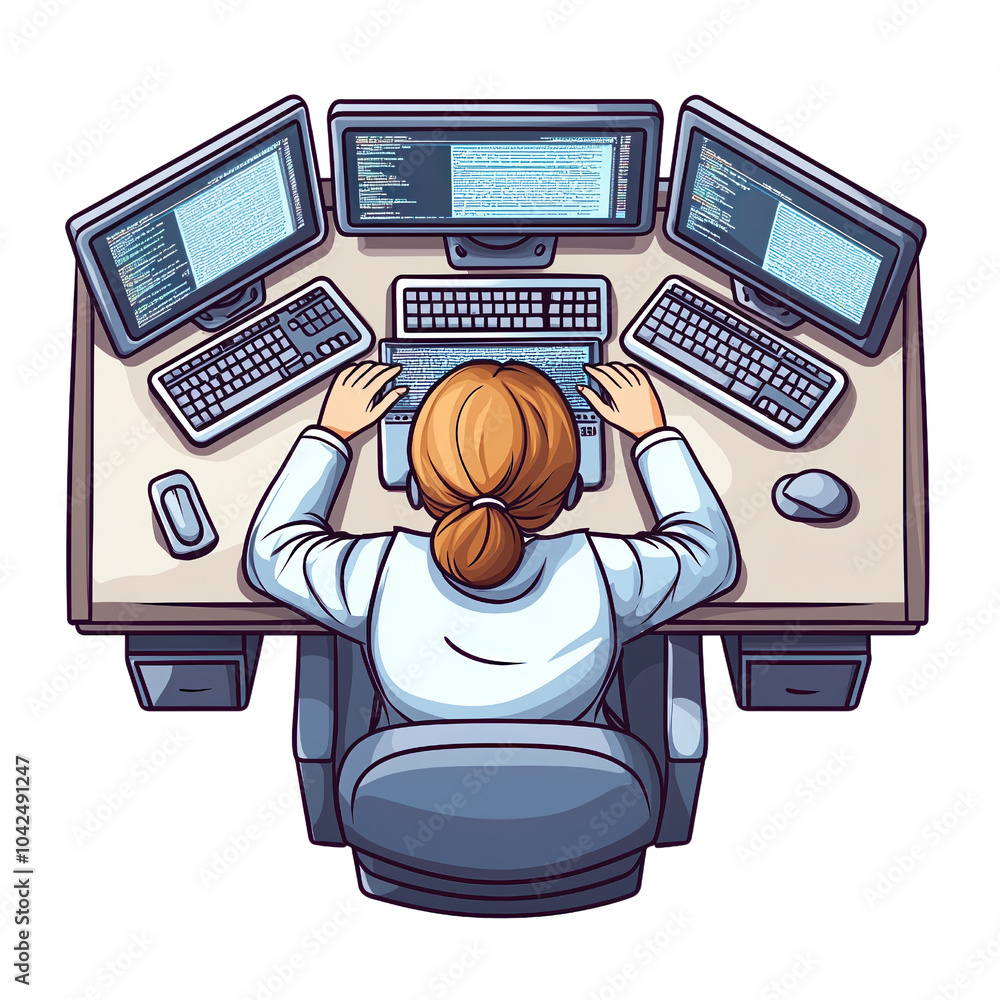 Poster a woman programming at a multi-monitor setup, focused on coding, isolated on a white background. iso