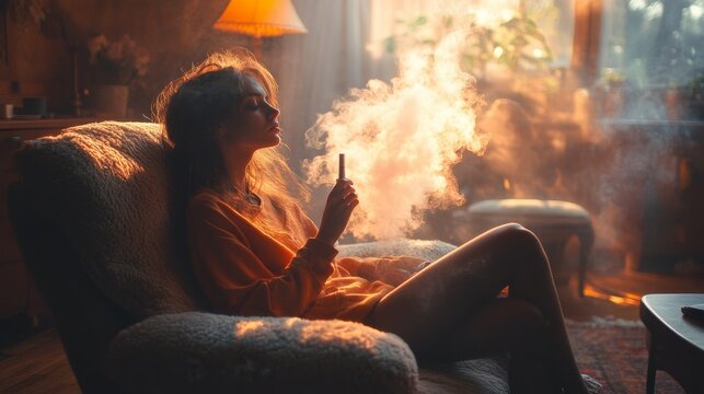 Persona vapeando y generando mucho humo en el sal&oacute;n de su casa con un Vaper inhalador.