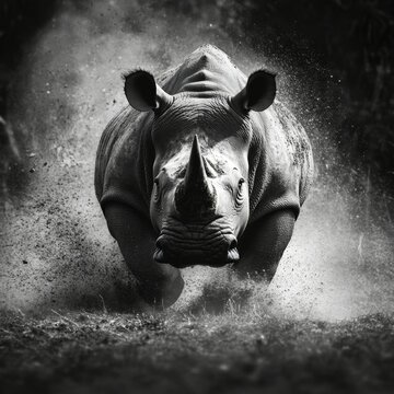 Gran rinoceronte abalanz&aacute;ndose corriendo de frente hacia la c&aacute;mara, concepto de fotograf&iacute;a de vida salvaje y concurso fotogr&aacute;fico.