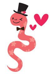 Obraz premium シルクハットや花柄がかわいいピンクのヘビのベクターイラスト