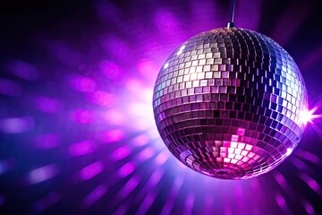 Obraz premium Disco ball shining in dark against purple backdrop low angle view