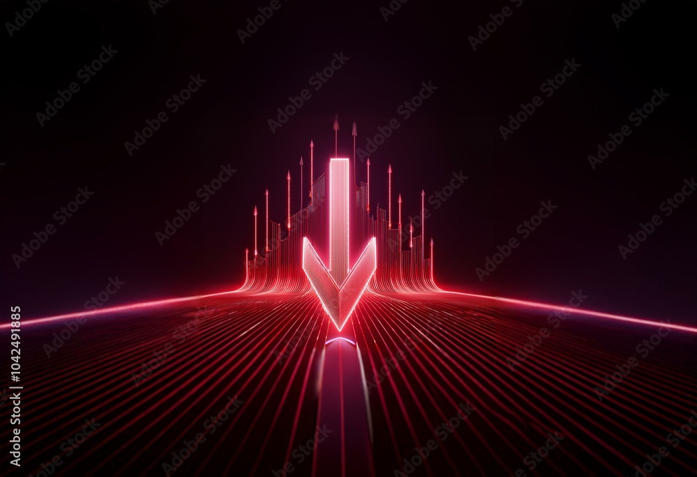 Poster A glowing red arrow points downward in the center of a dark background of red lines.