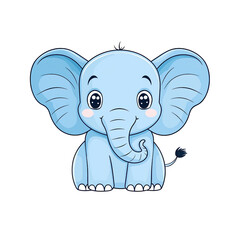 Obraz premium Cute cartoon blue elephant with big ears and smiling face on a white background. isolated on transparent background.