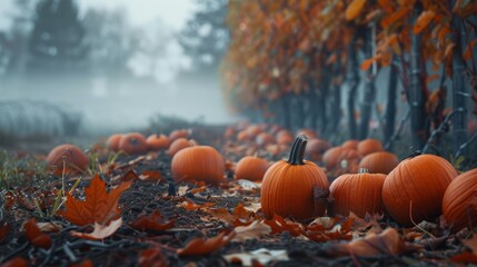 Pumpkins in Foggy Autumn