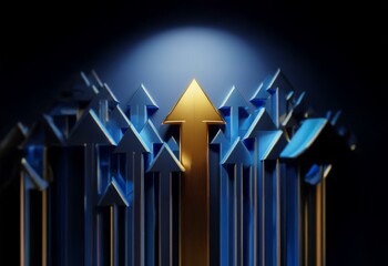 A gold arrow stands out against a dark background, surrounded by blue arrows pointing upwards.