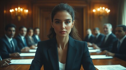 Fototapeta premium Apuesta chica empresaria en una conferencia, detrás se encuentran diferentes empresarios y hombres de negocios esperando por ella.