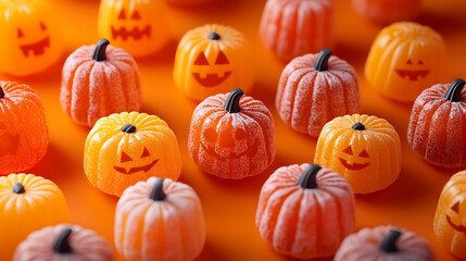 Halloween Jack-O'-Lantern Candy Gummy Treats on Orange Background