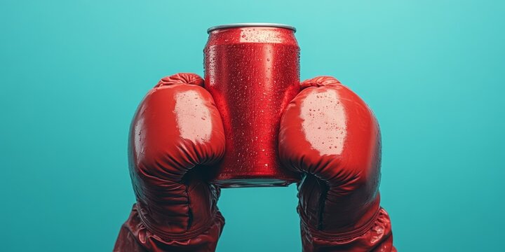 Dos guantes de un boxeador, sosteniendo entre sus manos una bebida energ&eacute;tica, dispuesto para agregar un cartel comercial. Concepto de venta de productos.
