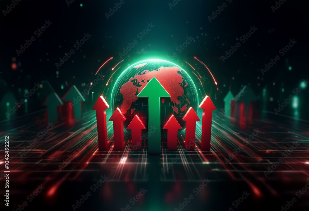 Fototapete a glowing green globe with continents outlined in red is surrounded by several red and green upward-