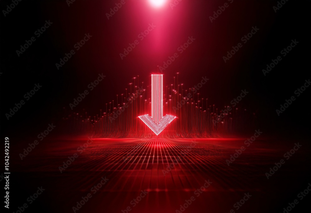 Poster red glowing arrow pointing down in a digital space with red lights shining on a grid pattern.