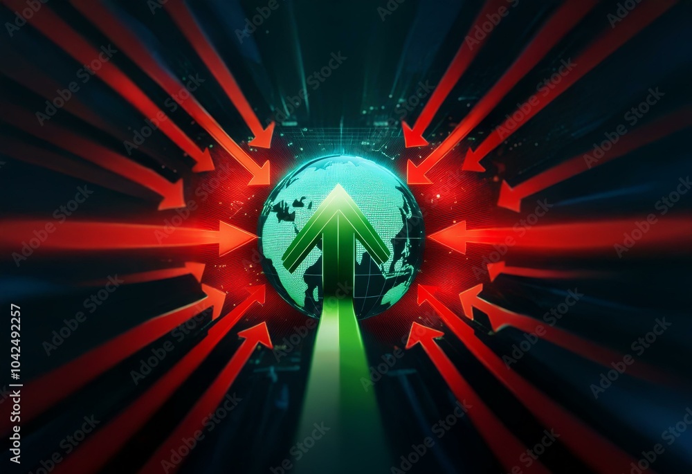 Aufkleber Green arrow pointing upwards surrounded by red arrows converging towards a glowing globe