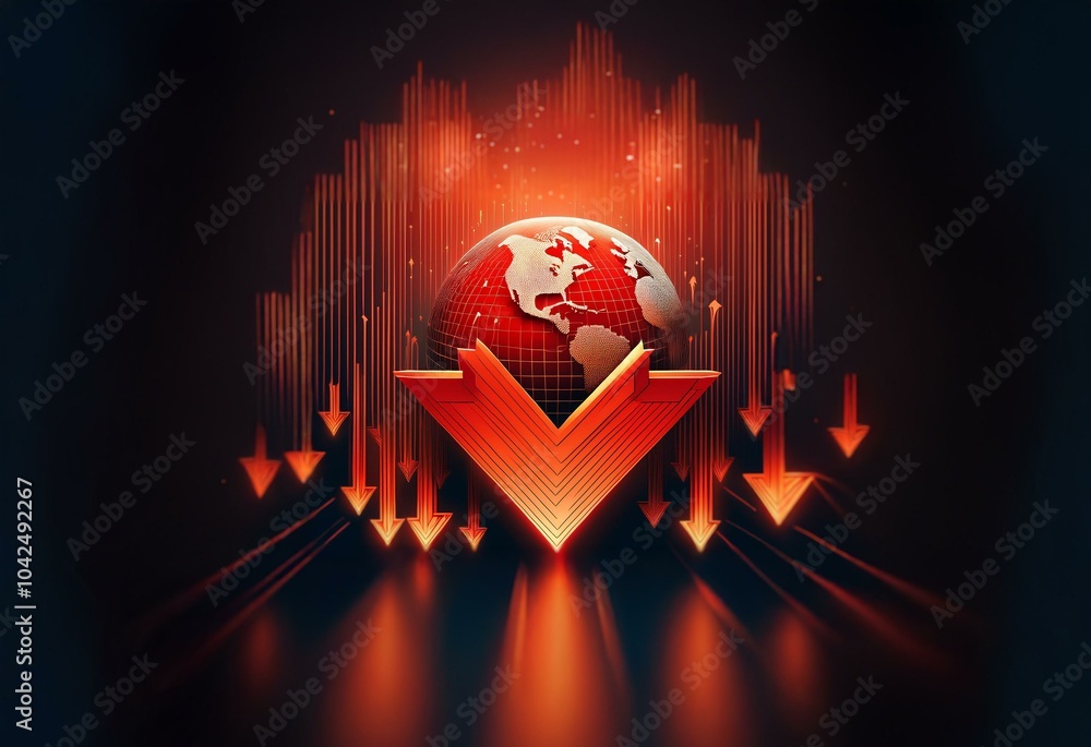 Poster a red globe with continents outlined in white sits inside a red downward-pointing arrow. the arrow i