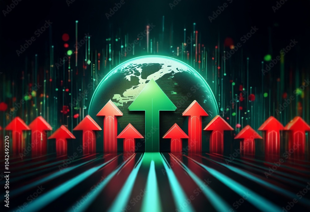 Leinwandbilder green arrow pointing up in front of a glowing globe surrounded by smaller red arrows in a dark backg