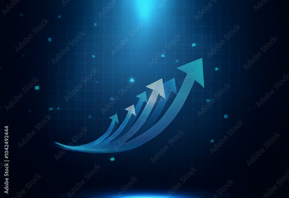 Aufkleber blue and white abstract illustration with multiple rising arrows on a grid background.
