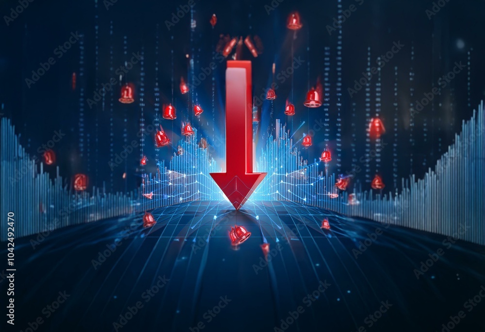 Leinwandbilder a large red arrow points down with numerous red bells falling around it, all set against a backgroun