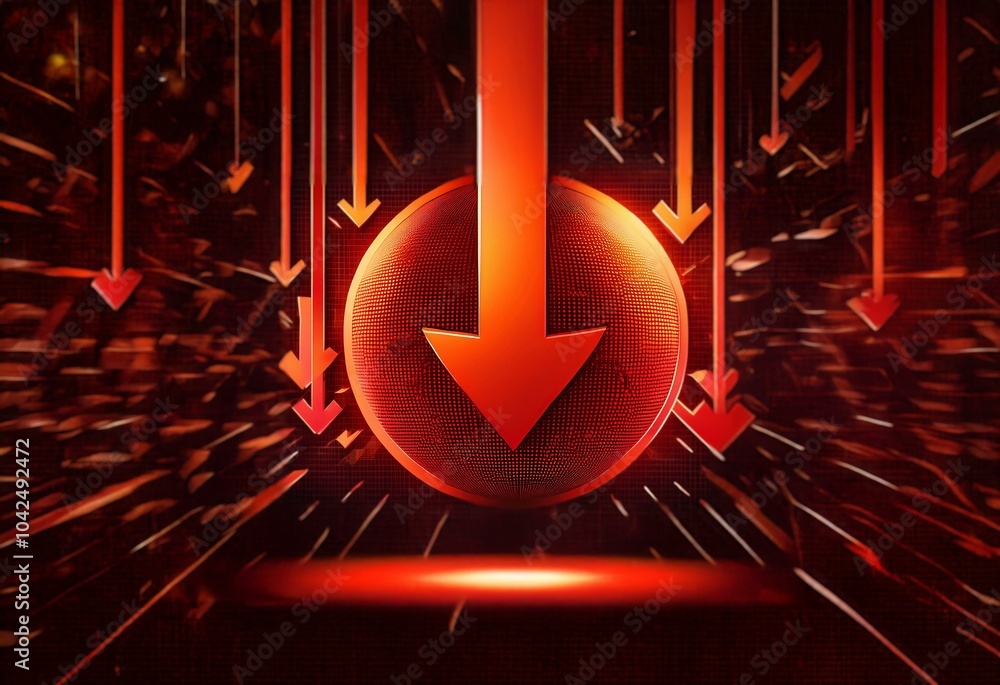 Fototapete A red sphere with a large red arrow pointing down is surrounded by smaller red arrows pointing down on a dark red background.