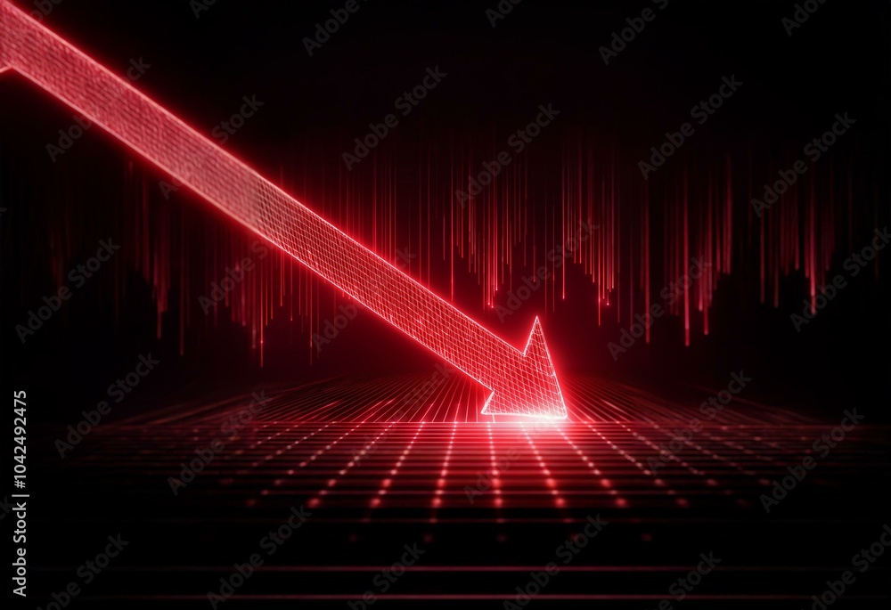 Fototapete A red neon arrow pointing down, glowing on a black background with a grid pattern underneath and vertical lines behind it.