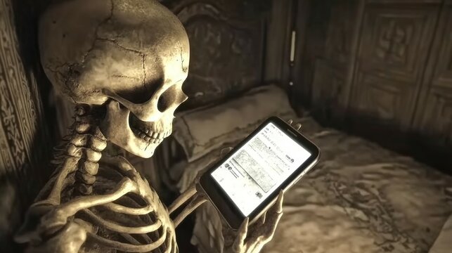 Carabela o esqueleto leyendo un iPad en la cama c&oacute;modamente, concepto de tecnolog&iacute;a feroz que acaba destruyendo el ser humano.