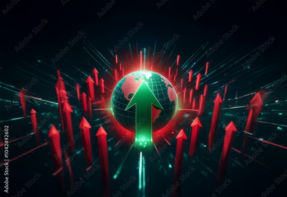Poster a glowing green arrow points upward from a digital globe surrounded by red arrows.