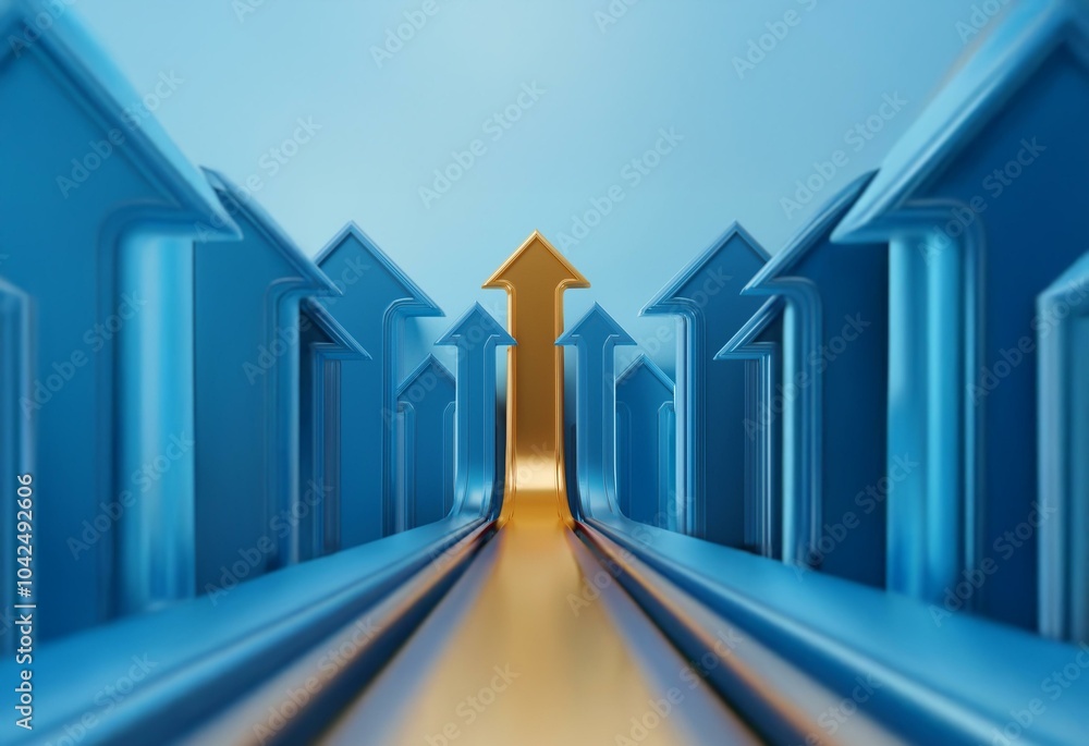 Poster a single gold arrow rises above a path of blue arrows, symbolizing a unique path to success.
