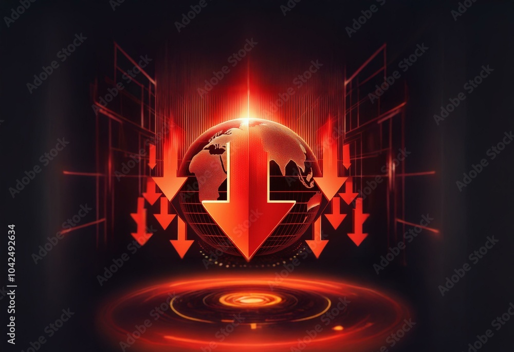 Fototapete A glowing red globe with a large red arrow pointing downward, surrounded by smaller downward arrows, is set against a dark background with red grid lines.