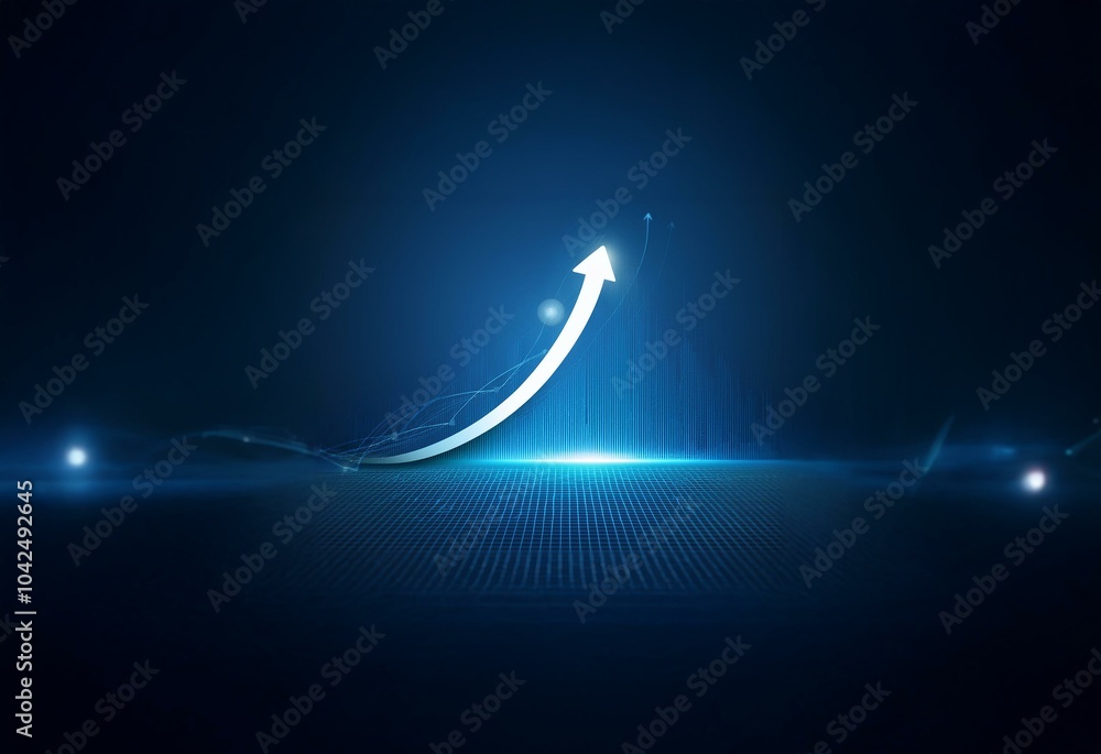 Poster a white arrow pointing upwards against a blue background with a grid pattern and a light glowing beh