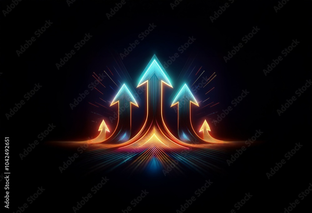 Poster Glowing neon arrows point upwards in a dark background.