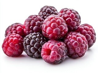 Fotografía de alta resolución comercial de moras rojas sobre fondo blanco con iluminación de estudio.

