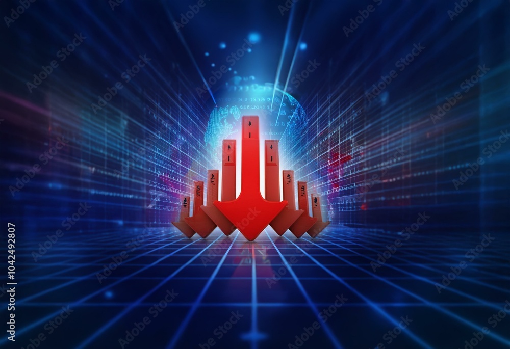 Poster red arrows pointing down in front of a grid and globe, indicating a downward trend.