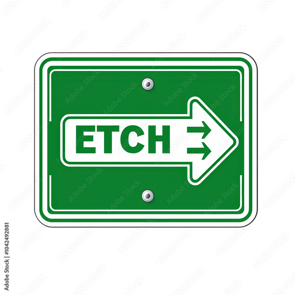 Poster green directional sign with the word 'etch' and an arrow pointing right, isolated on a white backgro
