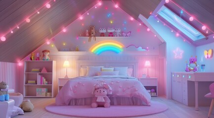 Whimsical haven - design of teenager children's room in pastel colours, bedroom embodying comfort, beauty, creativity, offering cosy, delightful environment for children to play, relax, dream.