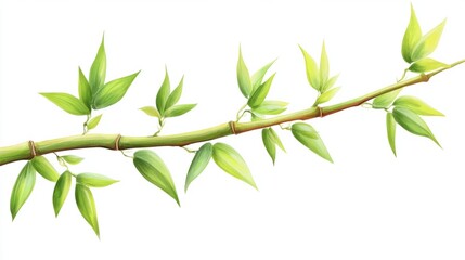Obraz premium Green bamboo branch with small fresh leaves, isolated on white background