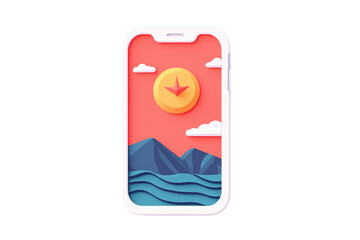 Modern smartphone displaying a vibrant landscape with mountains and waves, colorful sunset in the background. isolated on transparent background.