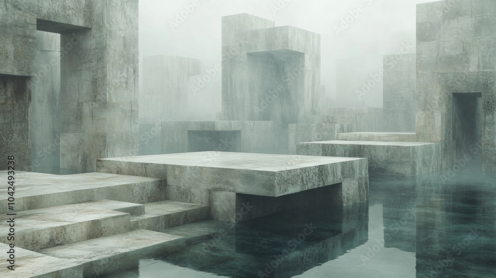 Aufkleber A surreal setting features monolithic stone structures partially submerged in water, surrounded by mist and gentle light, creating an otherworldly atmosphere.