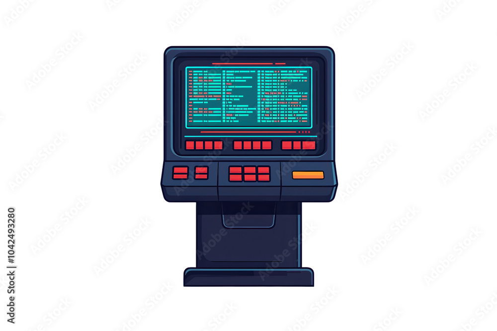Poster retro computer with screen and colorful buttons, isolated on white background. isolated on transpare