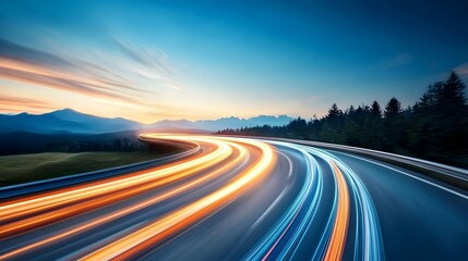 Fototapeta premium Mesmerizing neon light trails curve across a dark nightscape creating a breathtaking futuristic scene with electric blue and pink streaks of luminous energy painting the sky