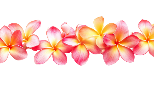 Frangipani flowers in vibrant yellow and pink on a white background, embodying tropical beauty and floral elegance